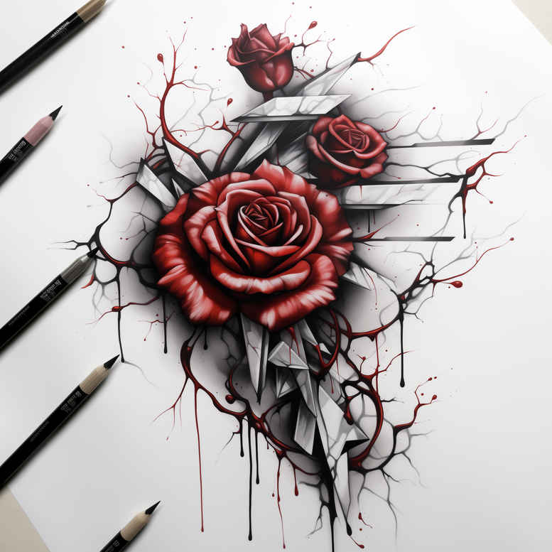 Rose, rose bud, thorn, branch, pencil, ink on dark shading; red and black with grey tones; AI-generated tattoo project idea; suitable for cover-up.