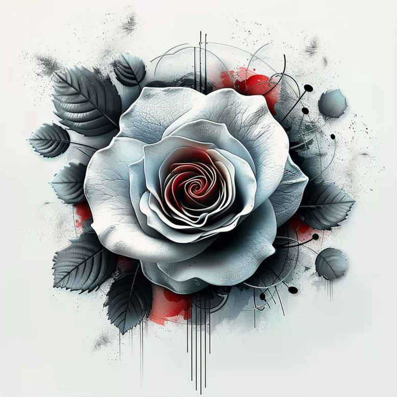 Rose and leaves in blue-grey and red hues with splash pattern; color tattoo project suitable for cover-up.
