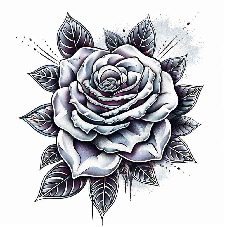 Rose and leaves in black and grey; tattoo design project, cover-up ready.