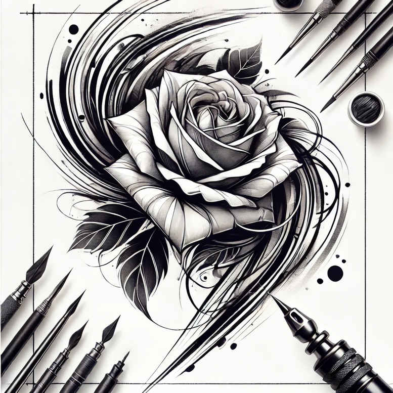 Rose with tattoo machine in black and grey, cover-up ready project; fine line tattoo design