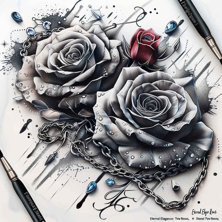 Black and grey two-tone roses intertwined with chains and beads; a tattoo design project, suitable for cover-up.