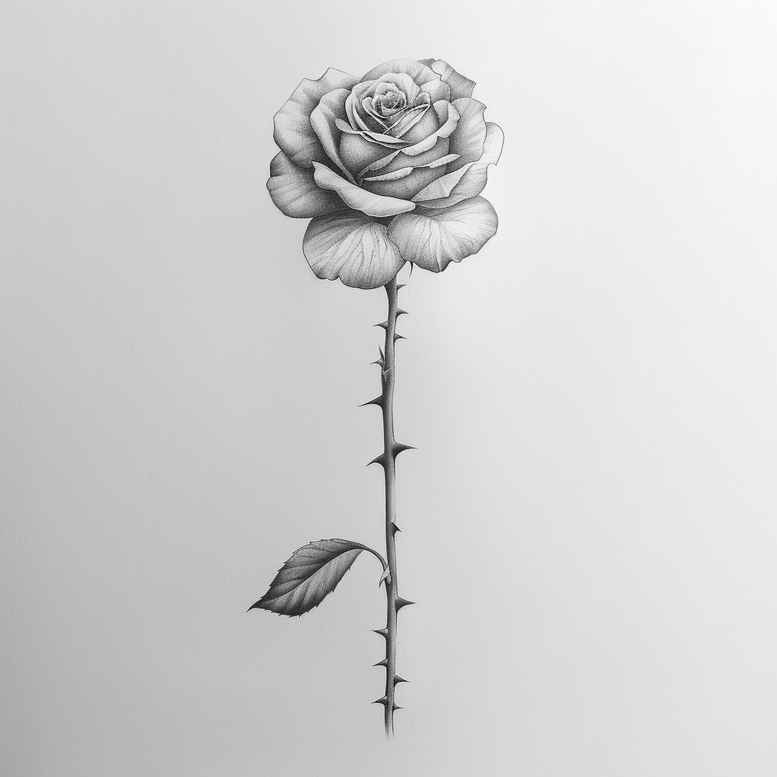 Black and grey rose, long stem with thorns, single leaf; project idea; AI-generated tattoo design; suitable for cover-up.