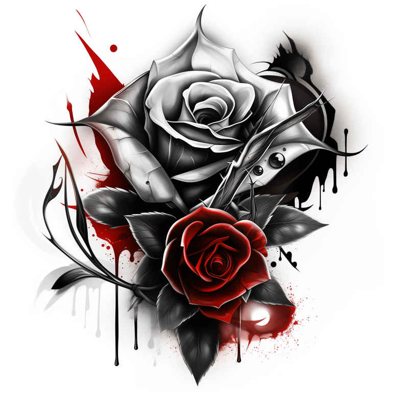 Rose, dagger, leaves, and thorn in black and grey with red accents; AI-generated cover-up-ready tattoo design idea.