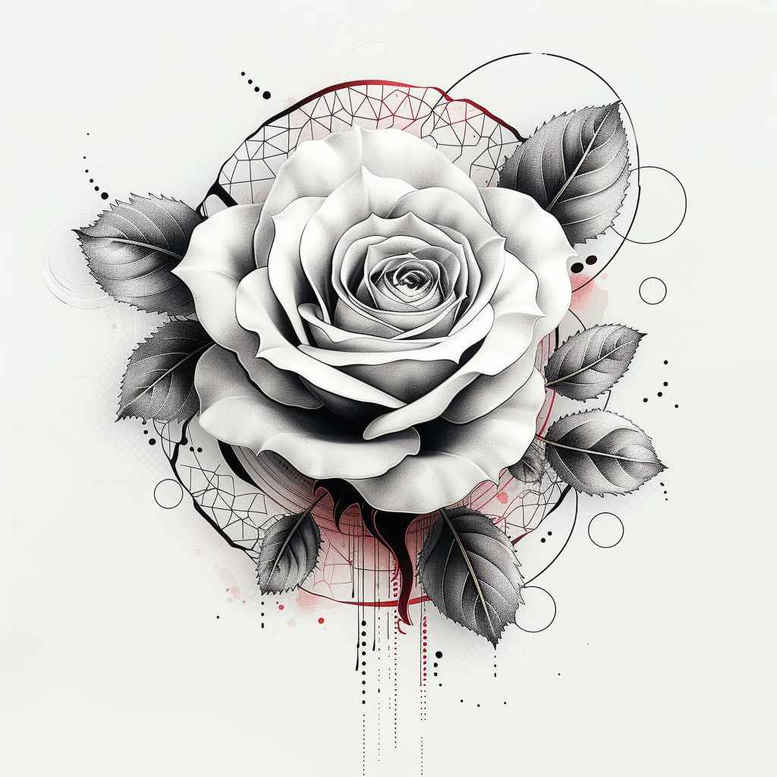 Rose in black and grey with geometric circles and red accents; an AI-generated tattoo project concept, suitable for a cover-up.