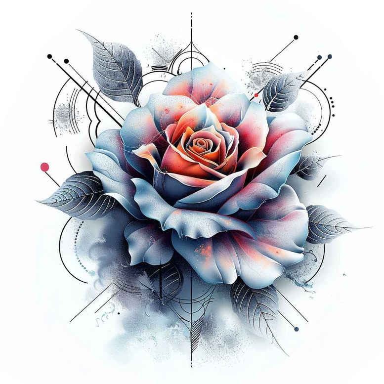 Watercolor rose tattoo design idea with blue-gray shading and geometric rings; colorful project, not primarily for cover-up.