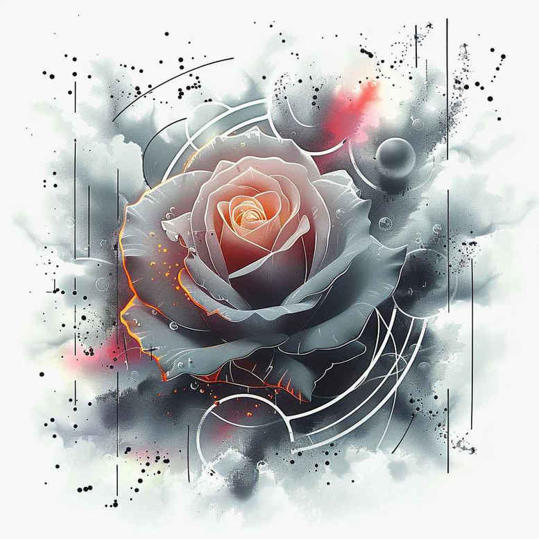 Rose with orange-pink petals, blue-gray splashes, and geometric rings; color tattoo design project; cover-up suitability: not ideal.