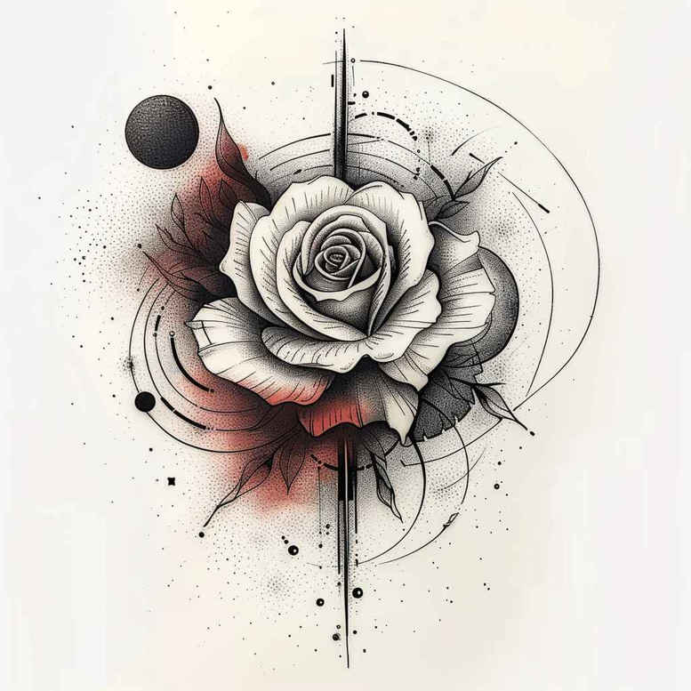 Rose with circular geometric pattern outlines, lines and ink splashes in black and grey; tattoo project concept; suitable for cover-up.