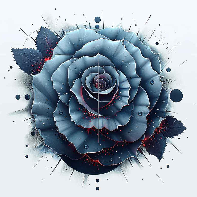 Blue rose centerpiece with two dark blue butterflies and ink splatters; color tattoo design idea; not ideal for cover-up.