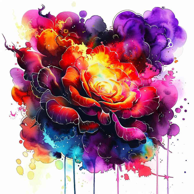 Colorful watercolor rose bloom with splash drips; AI-generated tattoo project concept; not ideal for cover-up.