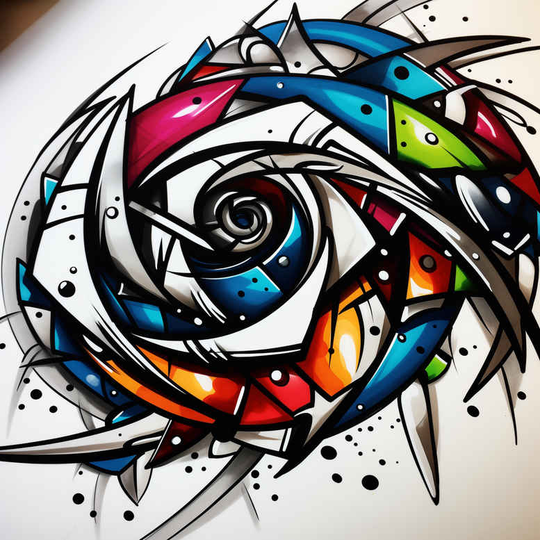 Color tattoo design concept: a circular rainbow swirl with black spikes, sharp shards, and scattered dots; a project idea, not specifically for cover-up.