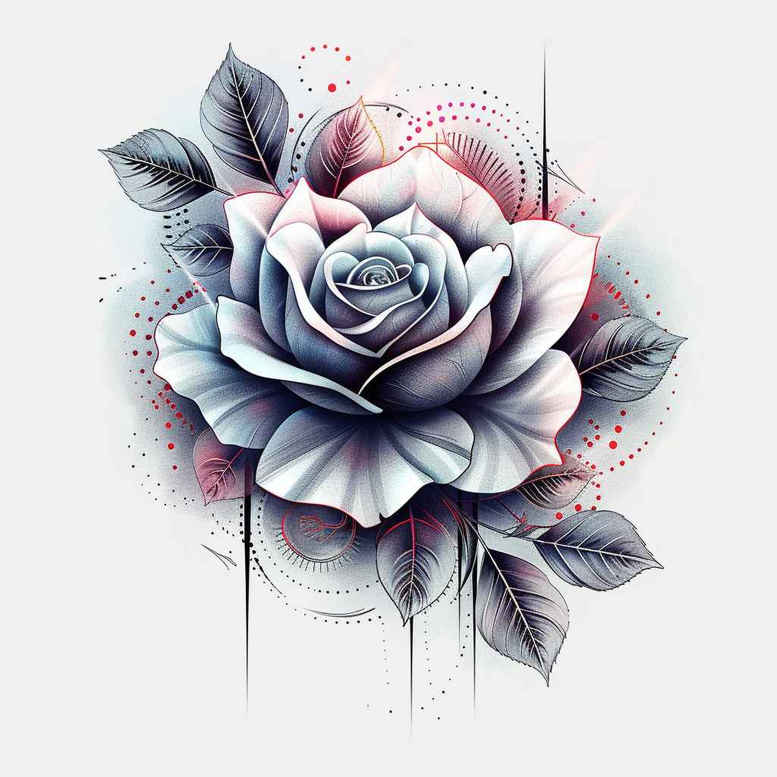 Rose with blue-gray petals and pink accents, leaves; watercolor tattoo design concept; AI-generated project; suitable for cover-up.