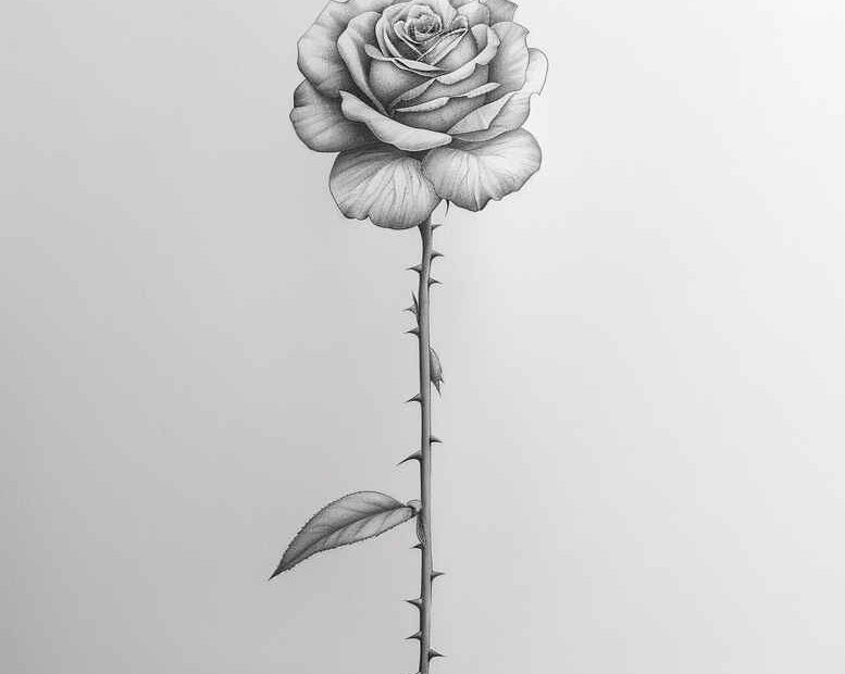 Rose, stem, thorn, and leaf in black and grey; tattoo project idea, suitable for cover-up.