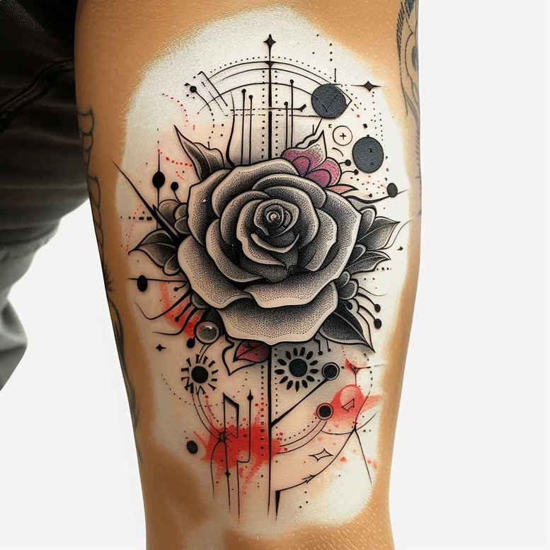 Rose in black and grey with circle patterns, lines, and red watercolor splashes; project idea suitable for a cover-up.