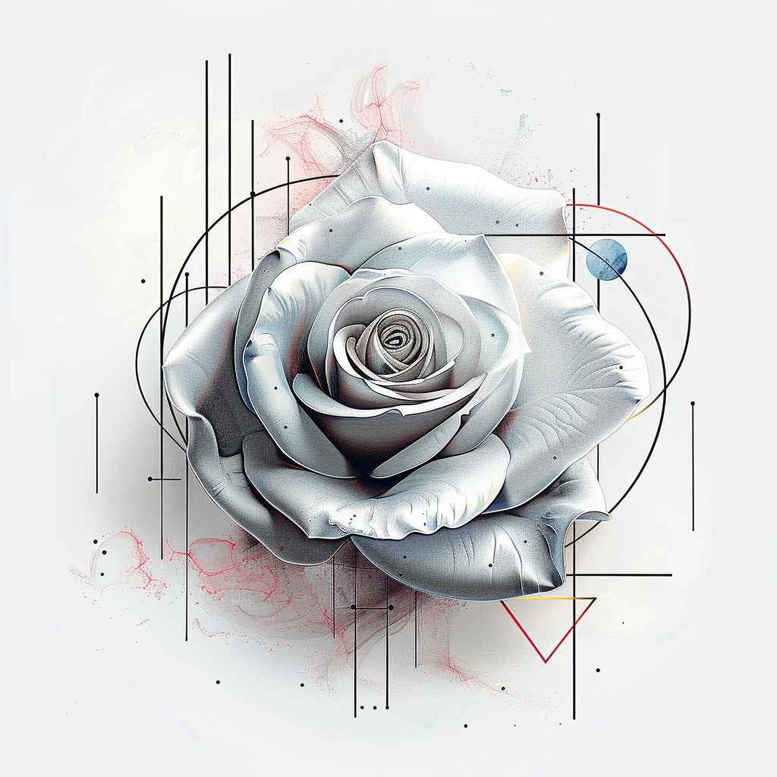 Rose in black and grey with geometric line elements; AI-generated tattoo design concept, project idea; not ideal for a cover-up.