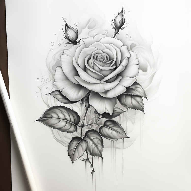 Black and grey rose tattoo design concept sketch with leaves and stem; a project idea not intended as a cover-up.
