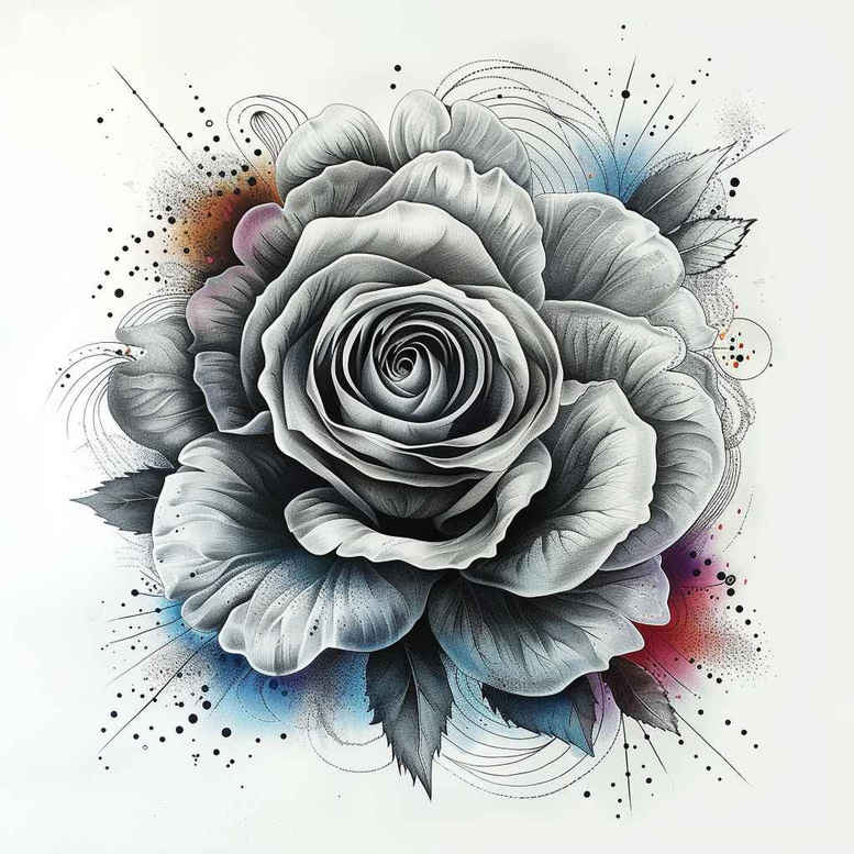 Rose in black and grey with blue and pink watercolor splashes; tattoo idea, project; not specifically for cover-up.