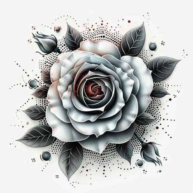 Rose with blue-grey petals, surrounding leaves, and dotwork pattern; black and grey tattoo design concept, cover-up possible.
