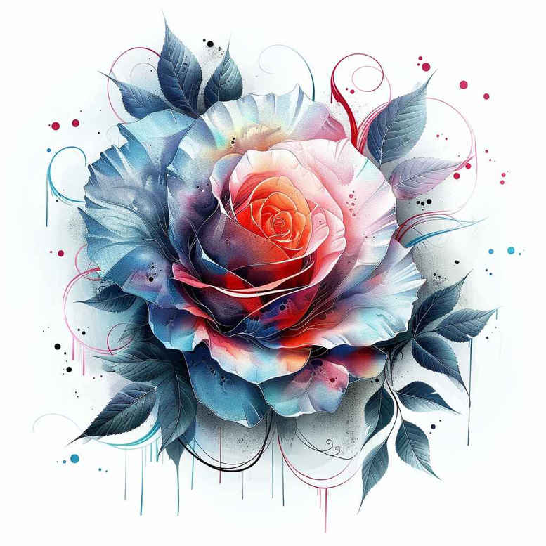 Rose, leaf, and petal in blue and pink watercolor; colored tattoo design concept, full color, project idea; not specifically for cover-up.