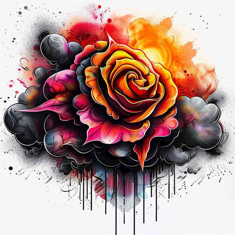 Colorful rose with black and grey ink splashes and dripping shadows; AI-generated tattoo design concept for cover-up.