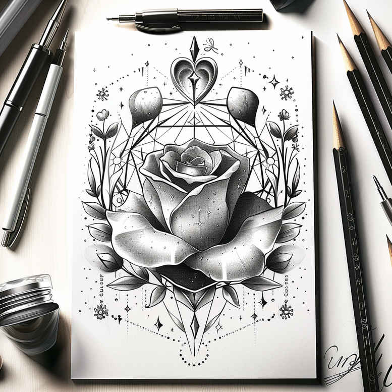 Black and grey fine line tattoo design sketch of a rose, mandala, diamond, leaves, and vine on white paper; project idea, suitable for a cover-up.