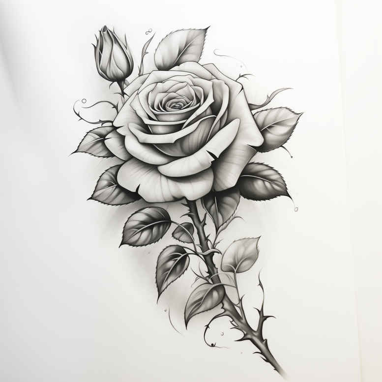 Rose with leaves and thorny stem in black and grey; a tattoo project idea, not specifically for a cover-up.