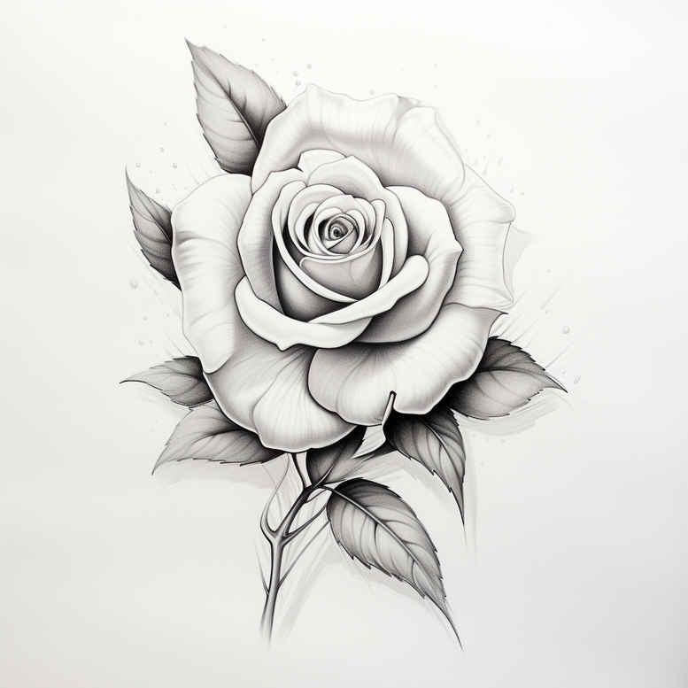 Rose, stem, and leaf in black and grey pencil sketch; tattoo design idea; suitable for cover-up.