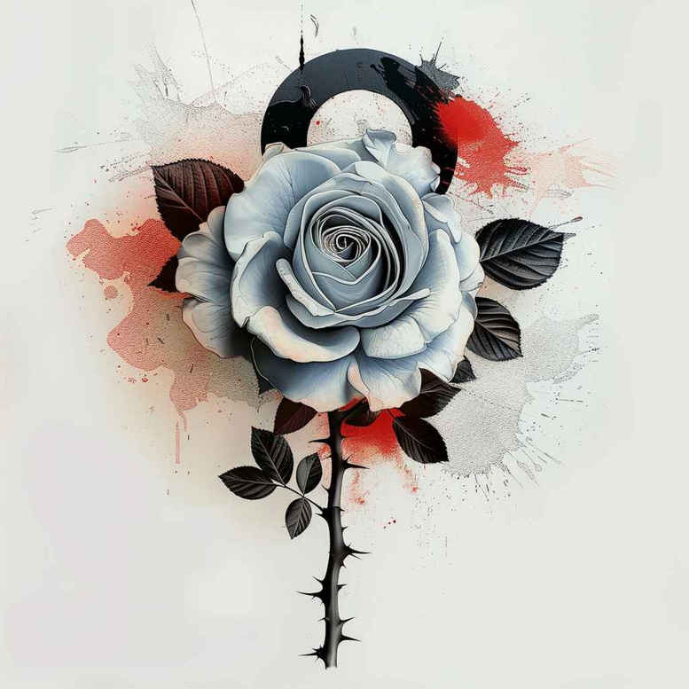 Blue rose, black stem, dark leaves, red watercolor splashes on white background; concept tattoo design, project idea, suitable for cover-up.