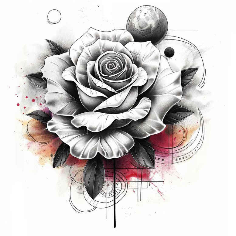 Rose in black and grey with geometric lines, circles, and red watercolor accents; tattoo project idea, suitable for cover-up.