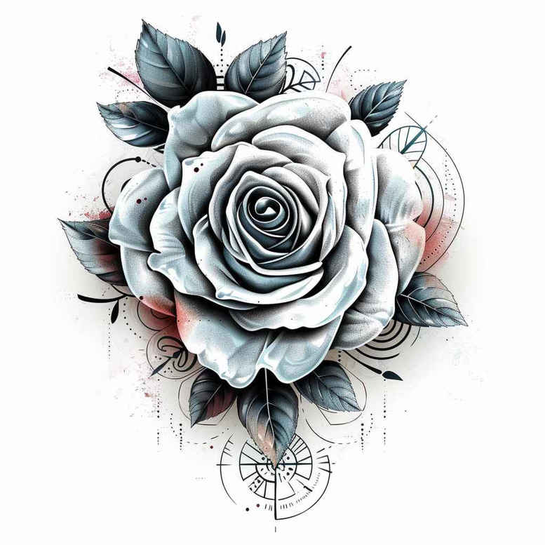 Blue-grey rose with leaves and compass in black and grey; tattoo design idea, AI-generated project, not ideal for cover-up