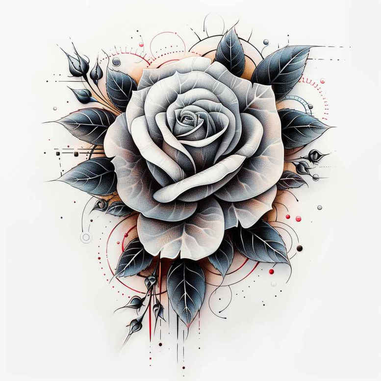 Rose with grayscale leaves and watercolor splash accents; a tattoo design idea in black and grey, a cover-up ready project.