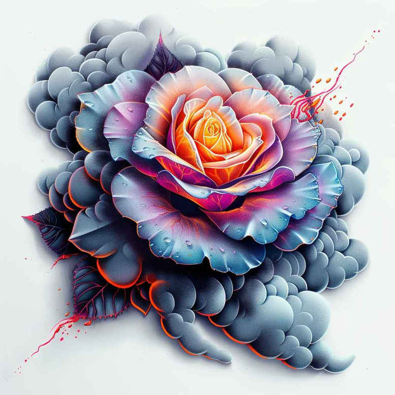 Rose and splatter art: watercolor petals in pink-orange center fading to blue and violet, red splatter accents; color tattoo design project idea suitable for cover-up.