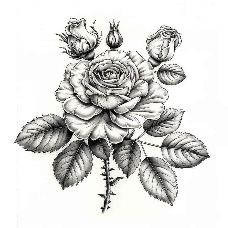 Black and grey rose with leaves, stem, and thorns in a detailed linework study; tattoo design concept; project idea.
