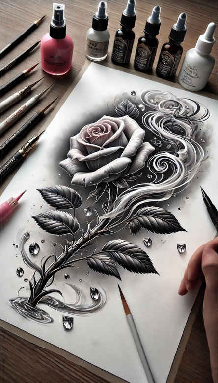 Rose, leaf, stem, pattern, brush, and bottles in black and grey sketch; tattoo design project; not ideal for cover-up.