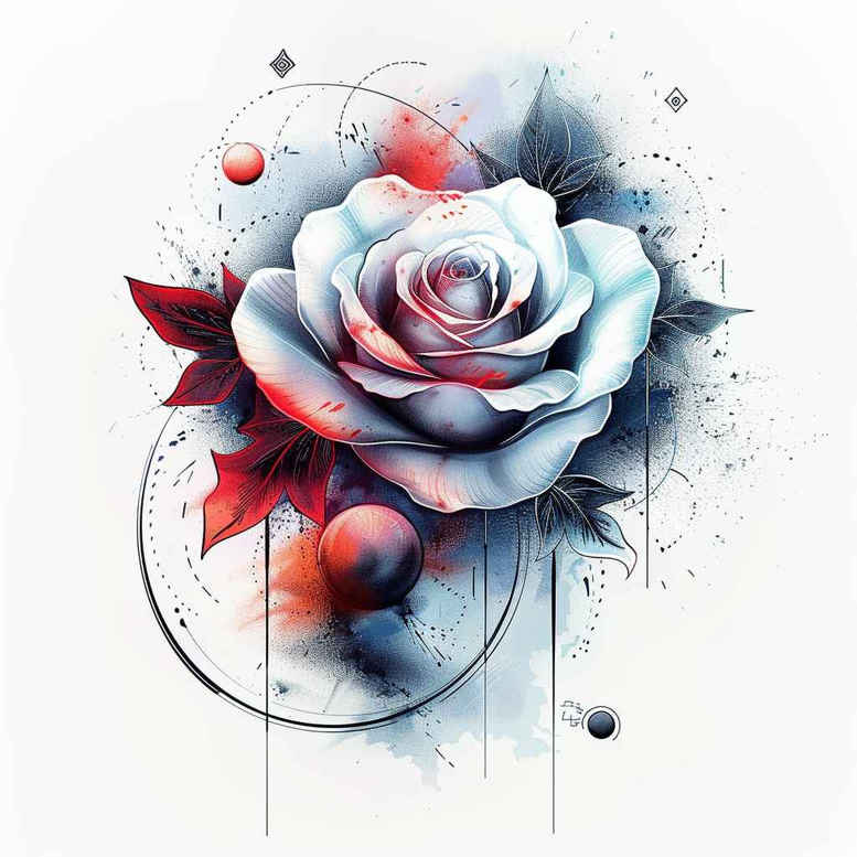 Blue and white rose with red accents, watercolor wash, circular rings and lines; color tattoo concept, a project idea, suitable for cover-up.