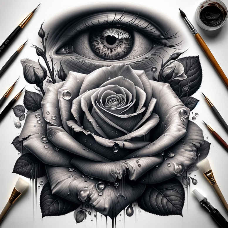 Eye, rose, pencil, and leaf in black and grey tones; a cover-up project concept, AI-generated tattoo design.