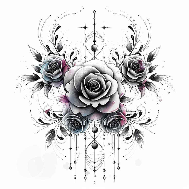 Rose, petal, leaf, line, dot, pendant in a black and grey floral mandala tattoo design; AI-generated cover-up-ready project.