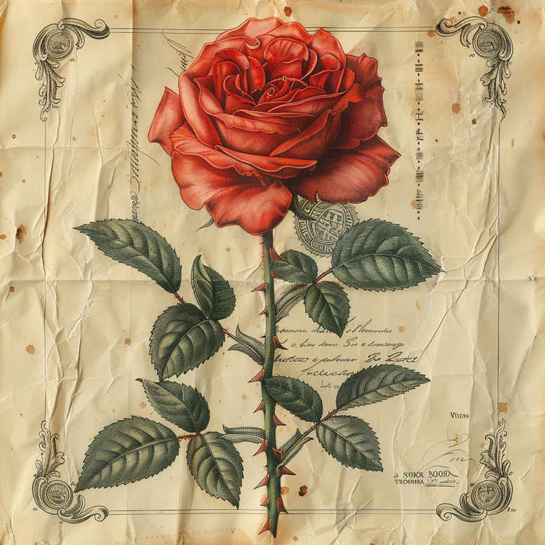 Red rose with green leaves on beige parchment; color tattoo; project idea; suitable for a cover-up.