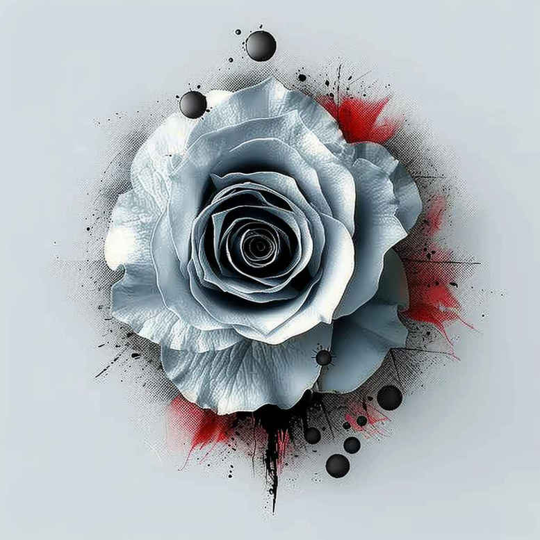 Blue-gray rose with black ink splatters and red accents; watercolor tattoo design concept, project idea, not suitable for cover-up.