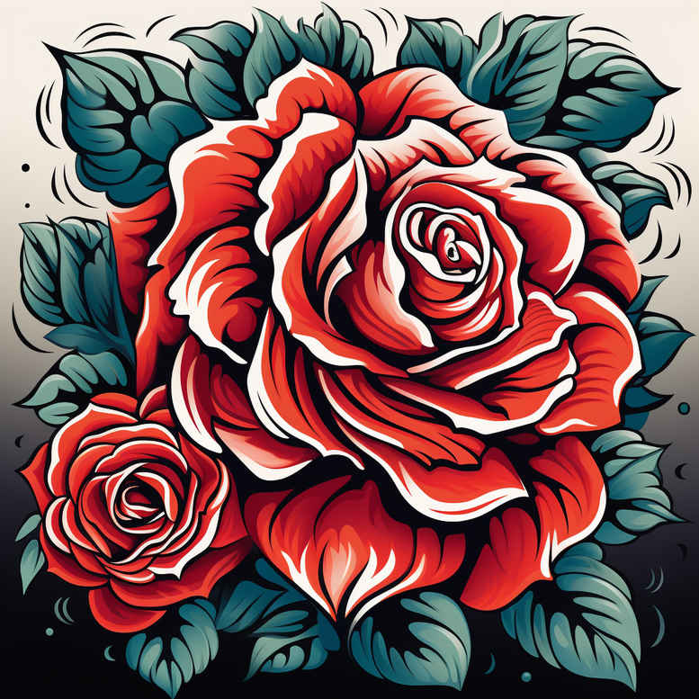 Color tattoo design featuring two red roses with blue-green leaves in bold outlines; color version; project idea; not ideal for cover-up.