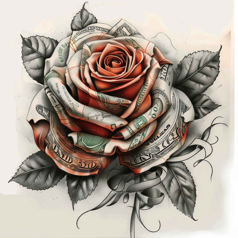 Rose in red with grey metal gears, green leaves, and stem; project idea; suitable for cover-up.