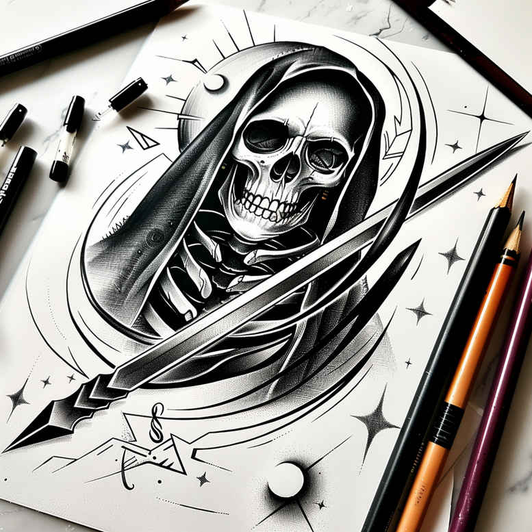 artistic-detail-skull-tattoo – tattoo design ideas free ai generated – deformed – for-shoulder-blade – Gallery: skulls-inkby-ai
