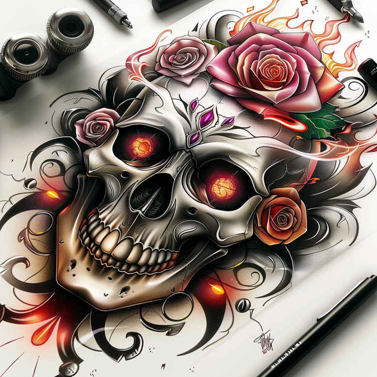 artistic-detail-skull-tattoo – tattoo design ideas free ai generated – demonic – for-upper-thigh – Gallery: skulls-inkby-ai