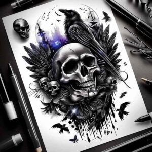 colorful-skull-tattoo – tattoo design ideas free ai generated – chained – for-lower-thigh – Gallery: skulls-inkby-ai