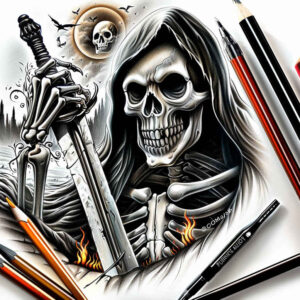 colorful-skull-tattoo – tattoo design ideas free ai generated – ruin – for-outer-arm – Gallery: skulls-inkby-ai