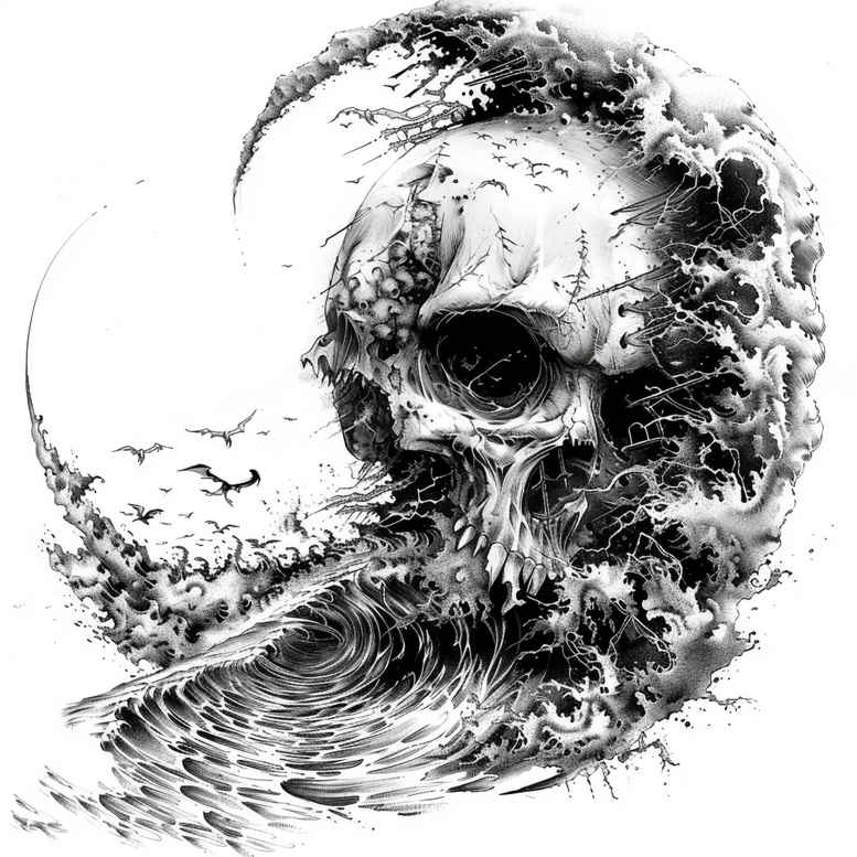 death-symbol-skull-tattoo – tattoo design ideas free ai generated – deep-shadows – for-knee – Gallery: skulls-inkby-ai