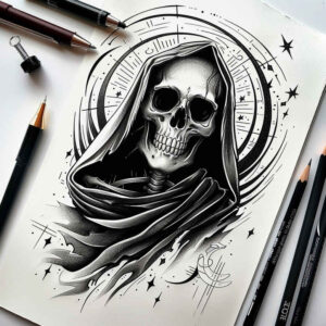 detailed-skull-tattoo – tattoo design ideas free ai generated – chained – for-temple – Gallery: skulls-inkby-ai