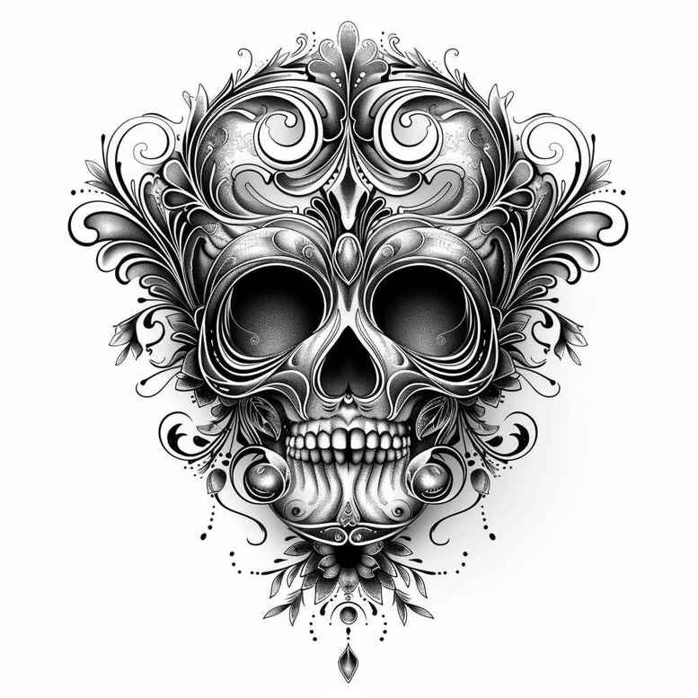 detailed-skull-tattoo – tattoo design ideas free ai generated – stitched – for-lower-thigh – Gallery: skulls-inkby-ai