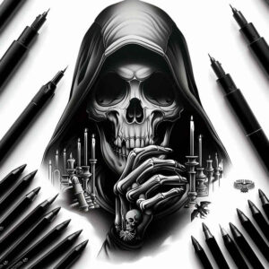 energy-motif-skull-tattoo – tattoo design ideas free ai generated – distorted – for-lower-chest – Gallery: skulls-inkby-ai