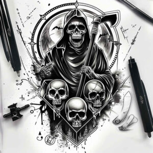 energy-motif-skull-tattoo – tattoo design ideas free ai generated – grimace – for-arm – Gallery: skulls-inkby-ai
