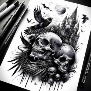 energy-motif-skull-tattoo – tattoo design ideas free ai generated – madness – for-collarbone – Gallery: skulls-inkby-ai